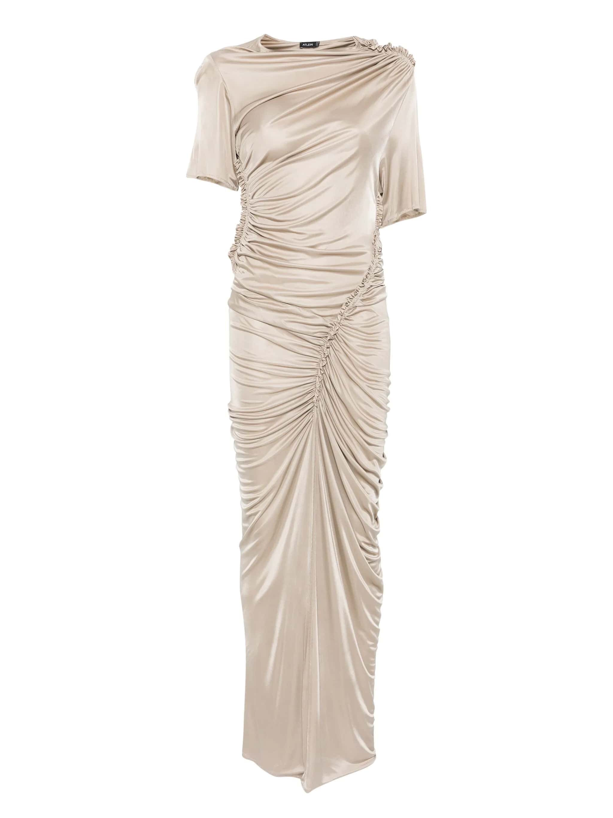 ASYMMETRIC RUCHED MIDI DRE