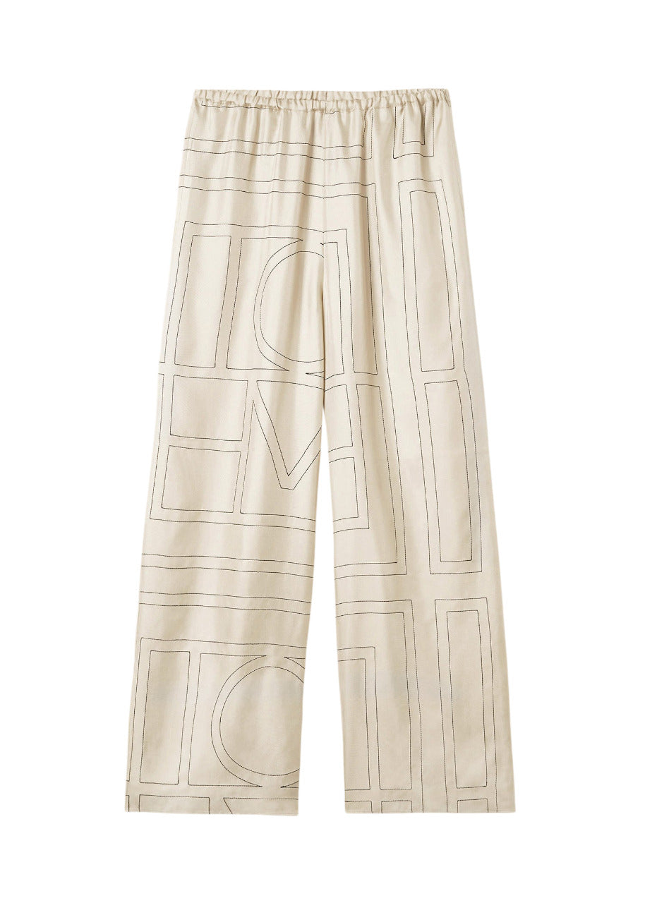 Pantaloni Pigiama in Twill di Seta con Monogramma - Avorio