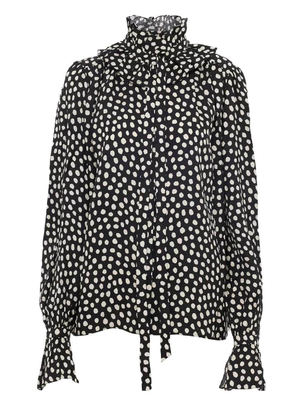 BLUSA CON VOLANT E NASTRI SUL DAVANTI IN JACQUARD DI SETA