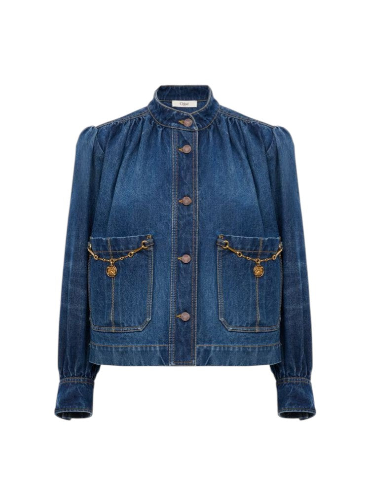 Giacca arricciata a collo alto in denim