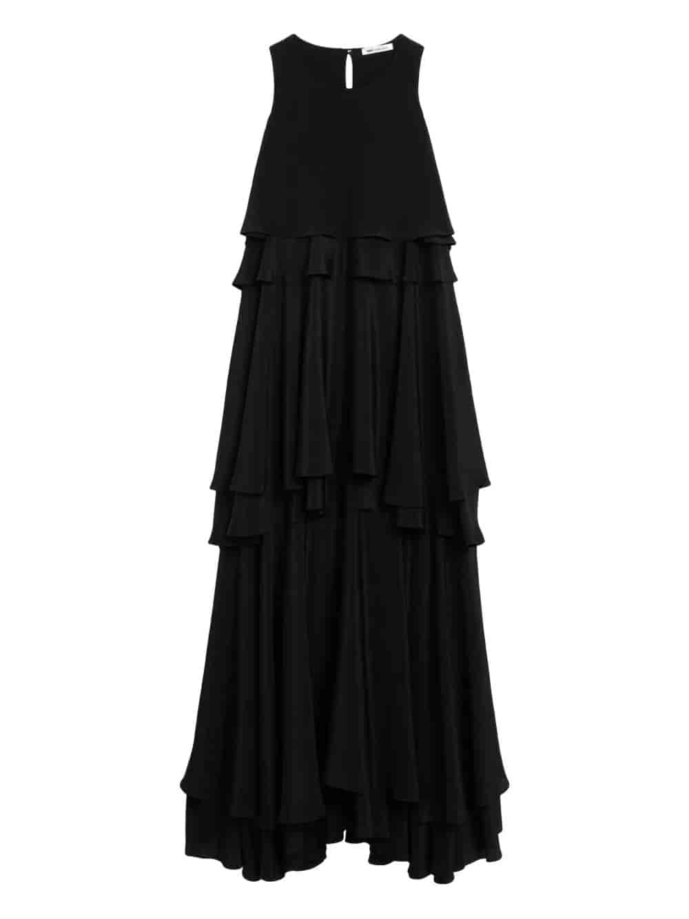 Long black silk-blend dress with ruching