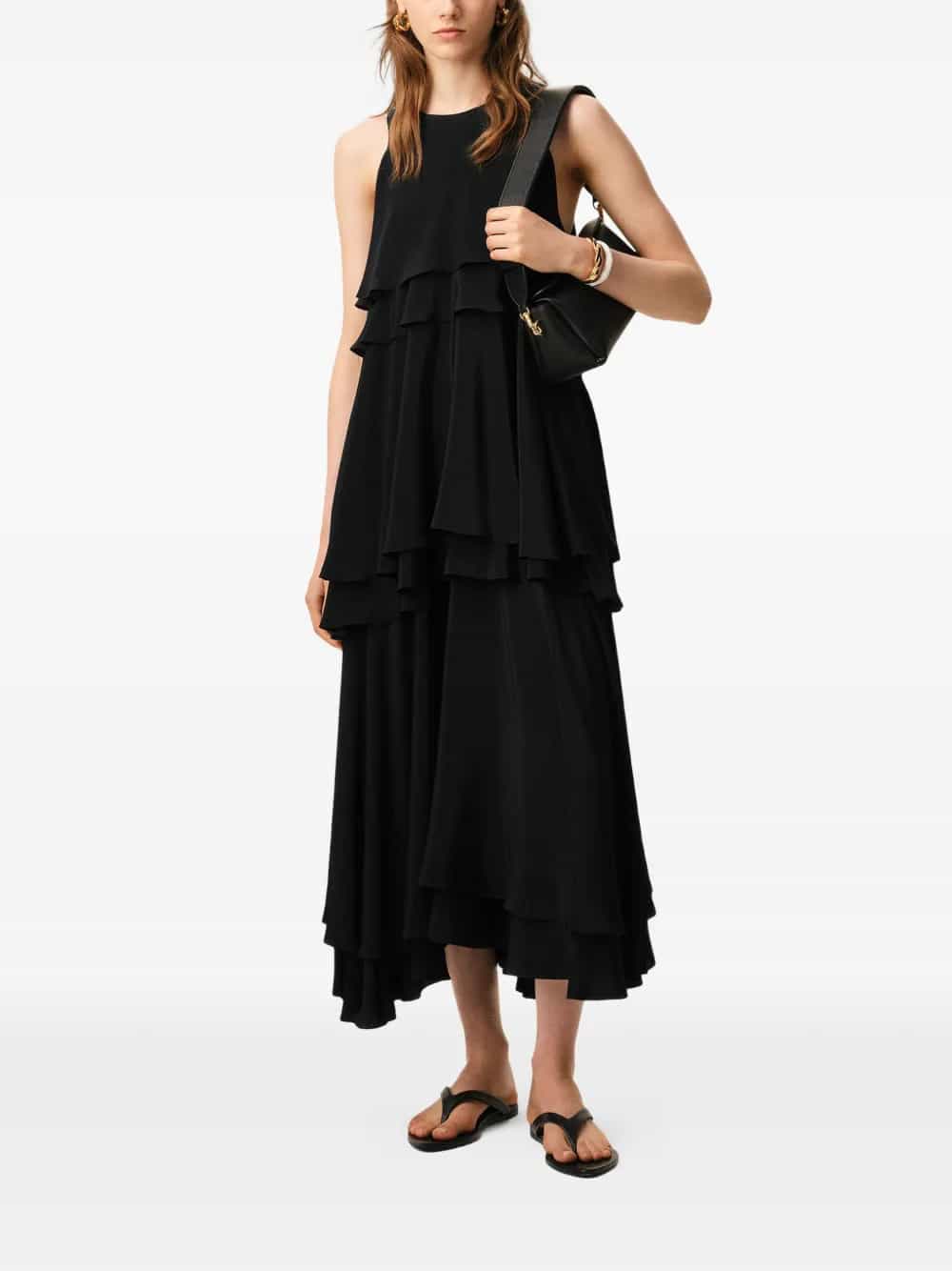 Long black silk-blend dress with ruching