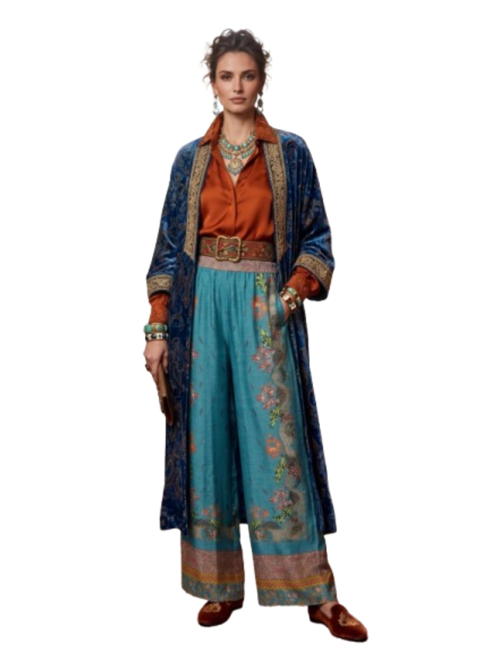 Pantaloni Aloe in seta con stampa blu