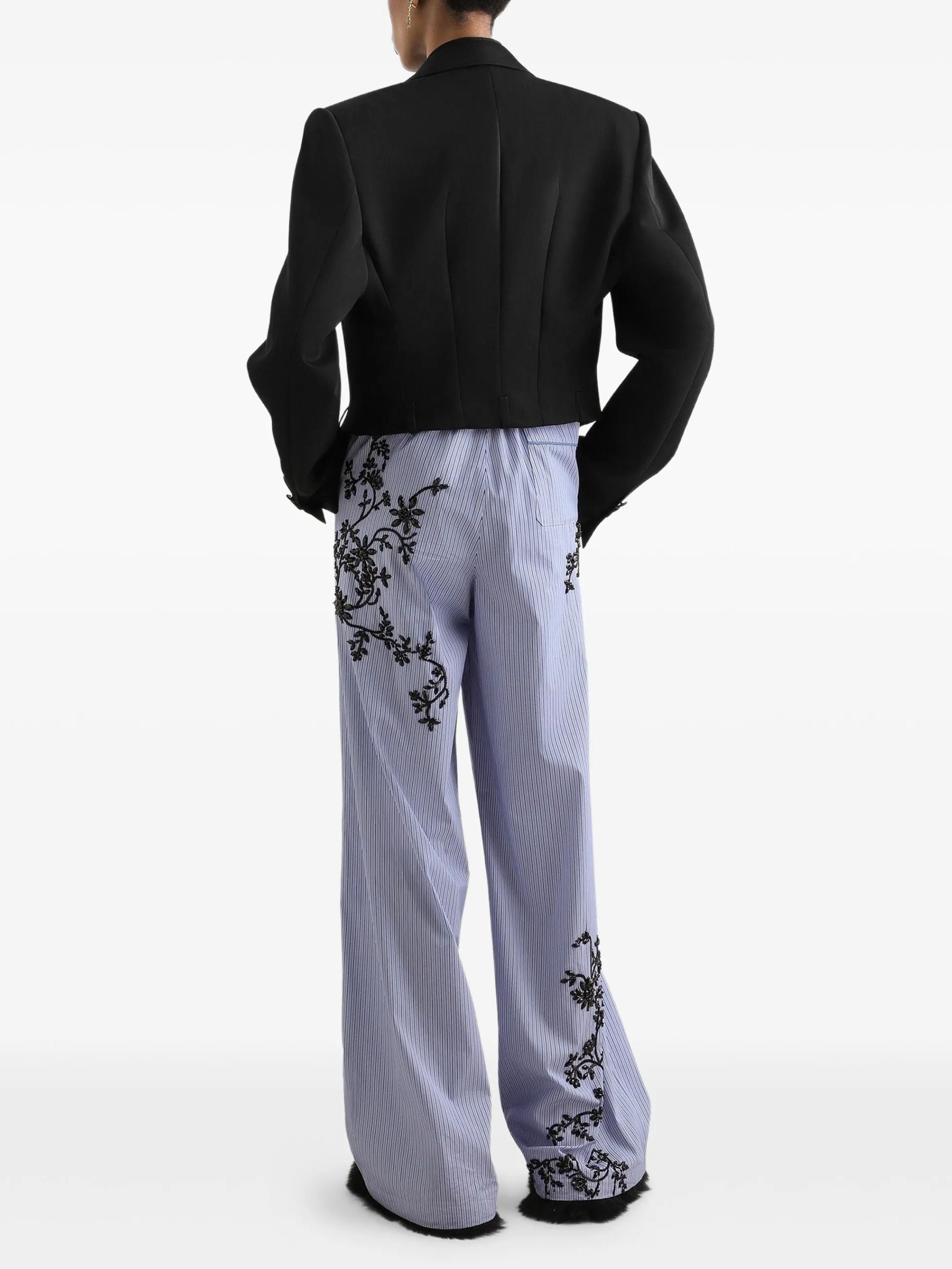 Pantaloni in popeline rigato con ricamo fiori