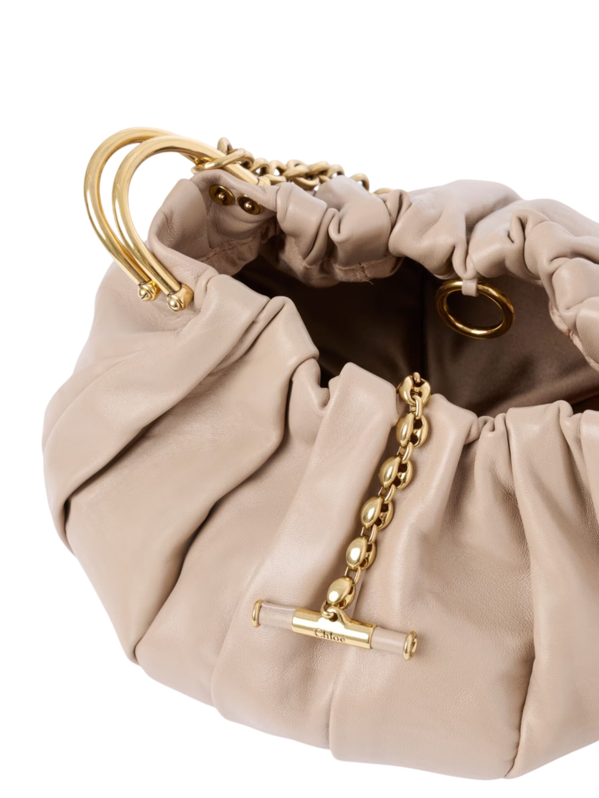 Borsa a spalla Chloé Plissé con catena in pelle plissettata Wood Smoke