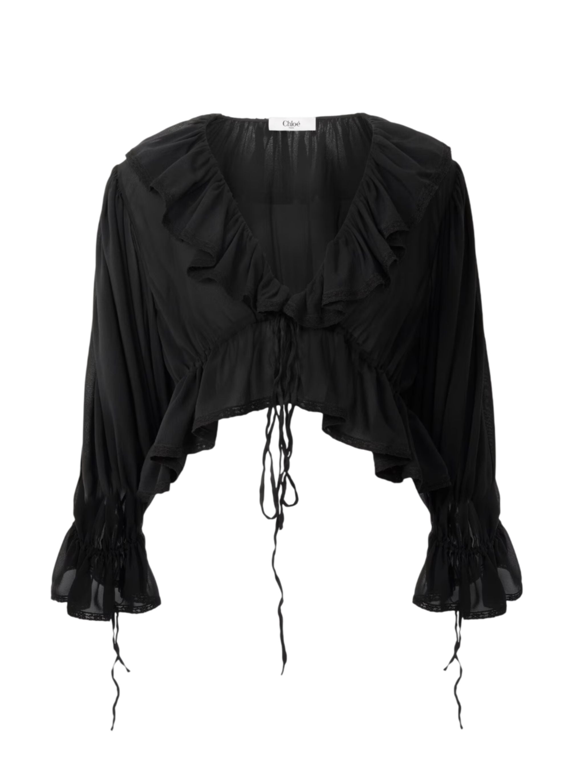 Top corto con volant e scollo a V in georgette di seta e pizzo