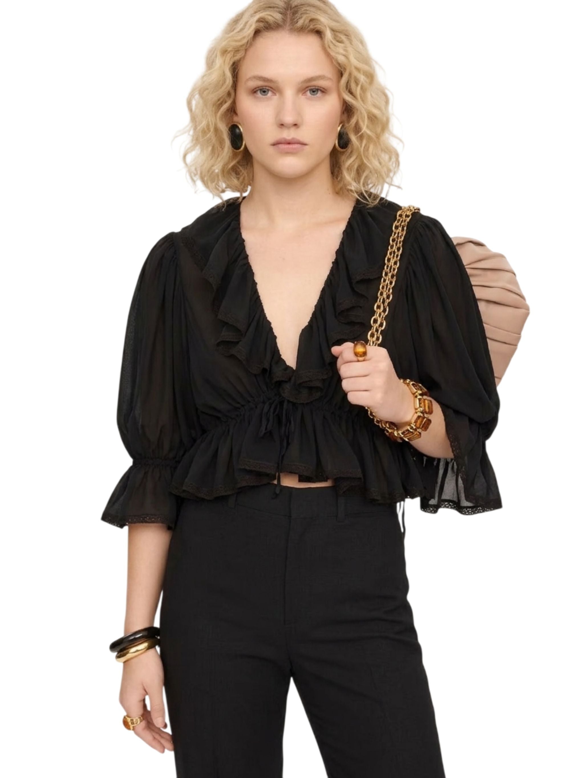 Top corto con volant e scollo a V in georgette di seta e pizzo