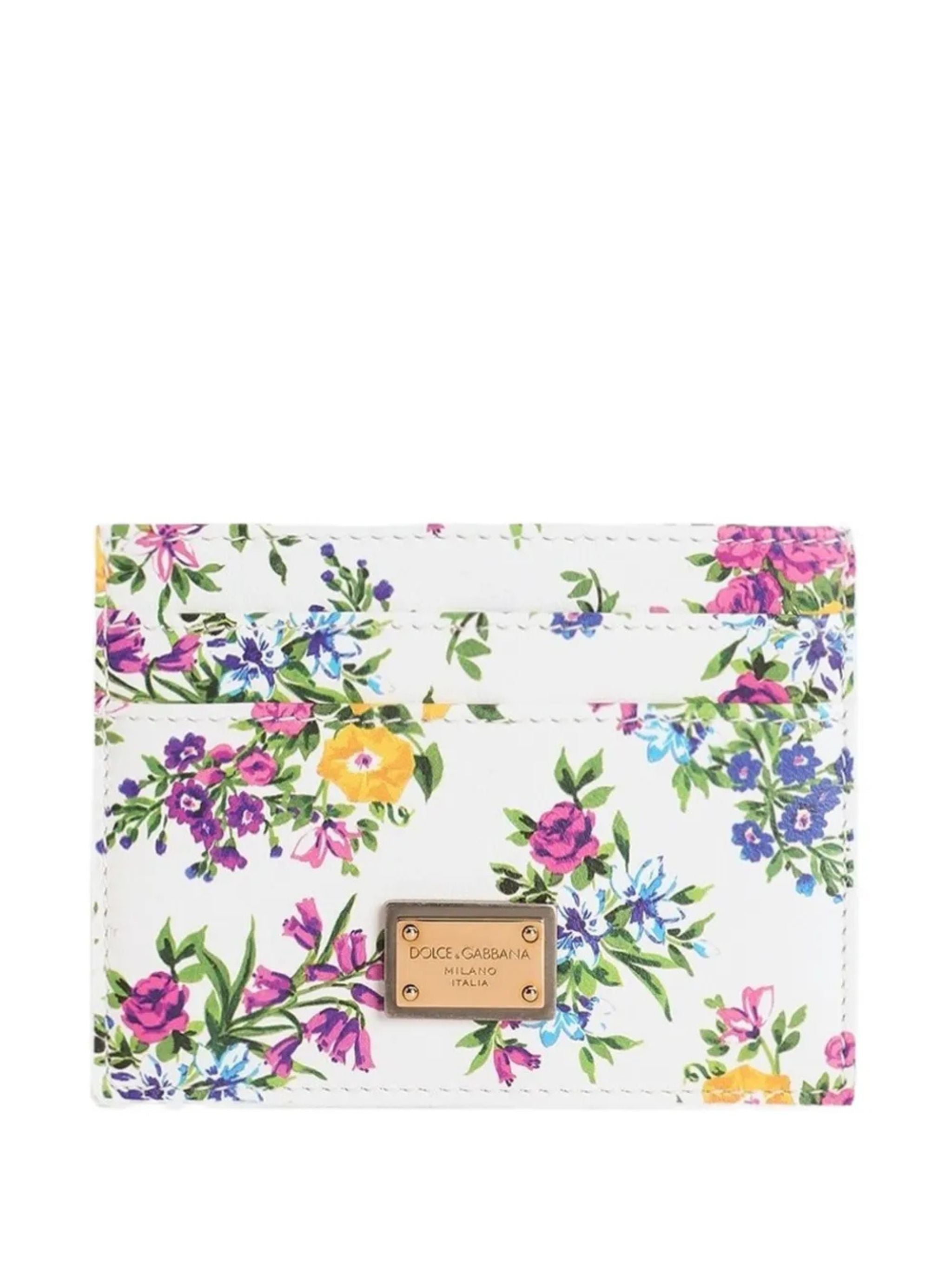 Portacarte floreale con logo in pelle di vitello