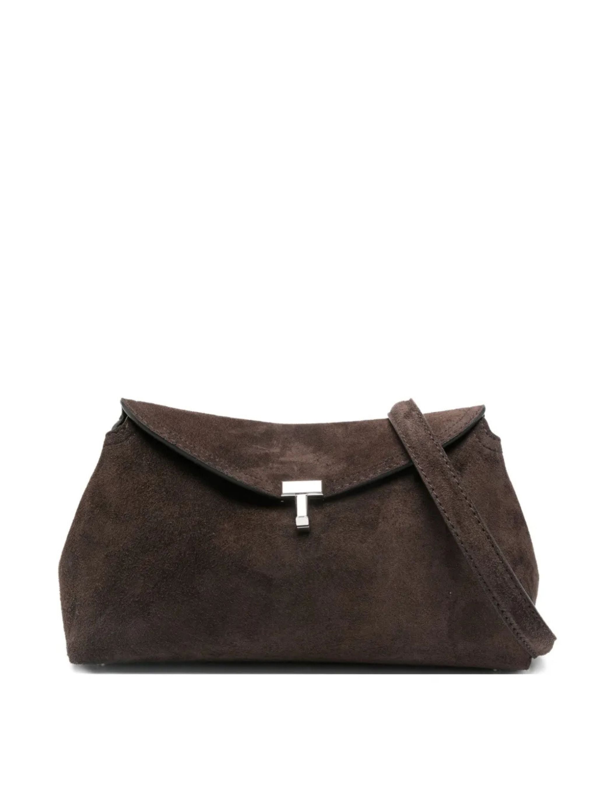 Pochette in pelle scamosciata con chiusura a T, marrone