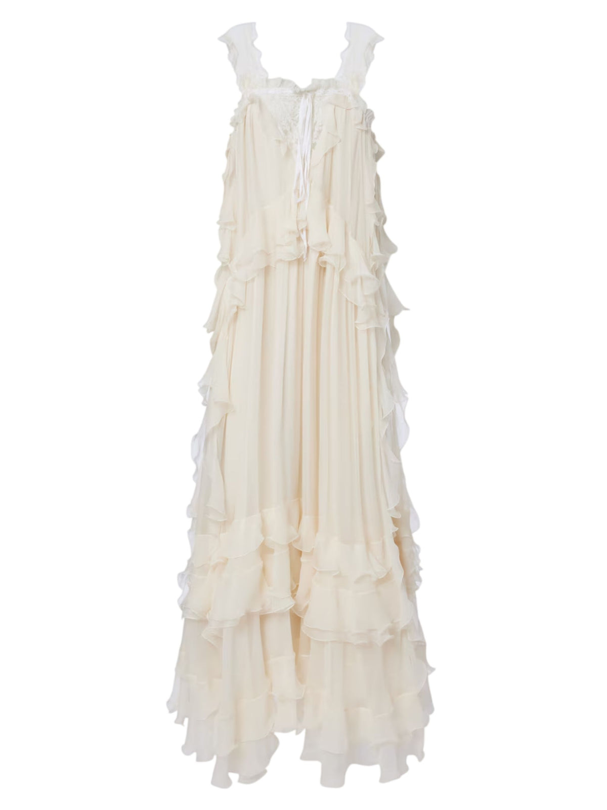 Sleeveless layered long dress in silk mousseline & lace