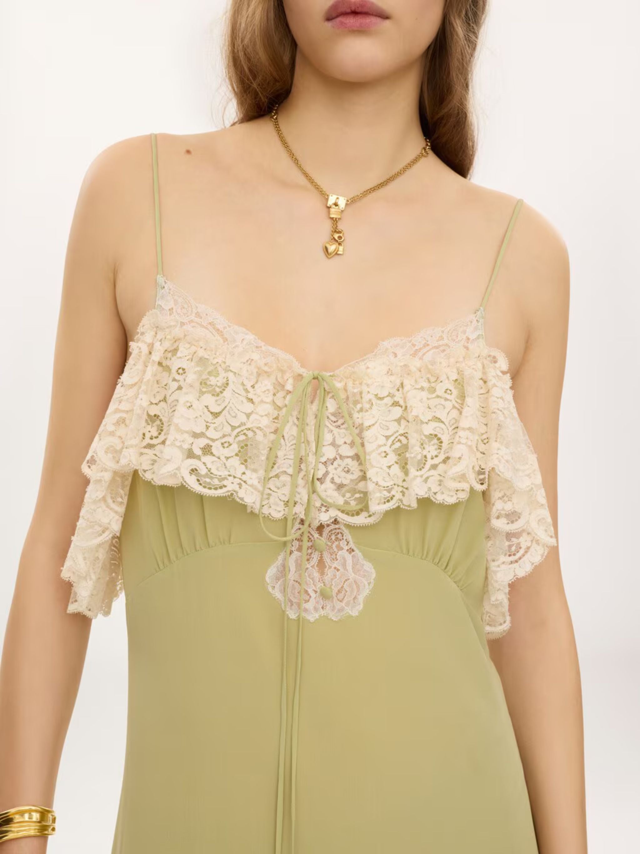 Thin-strap long dress in crêpe de chine & lace