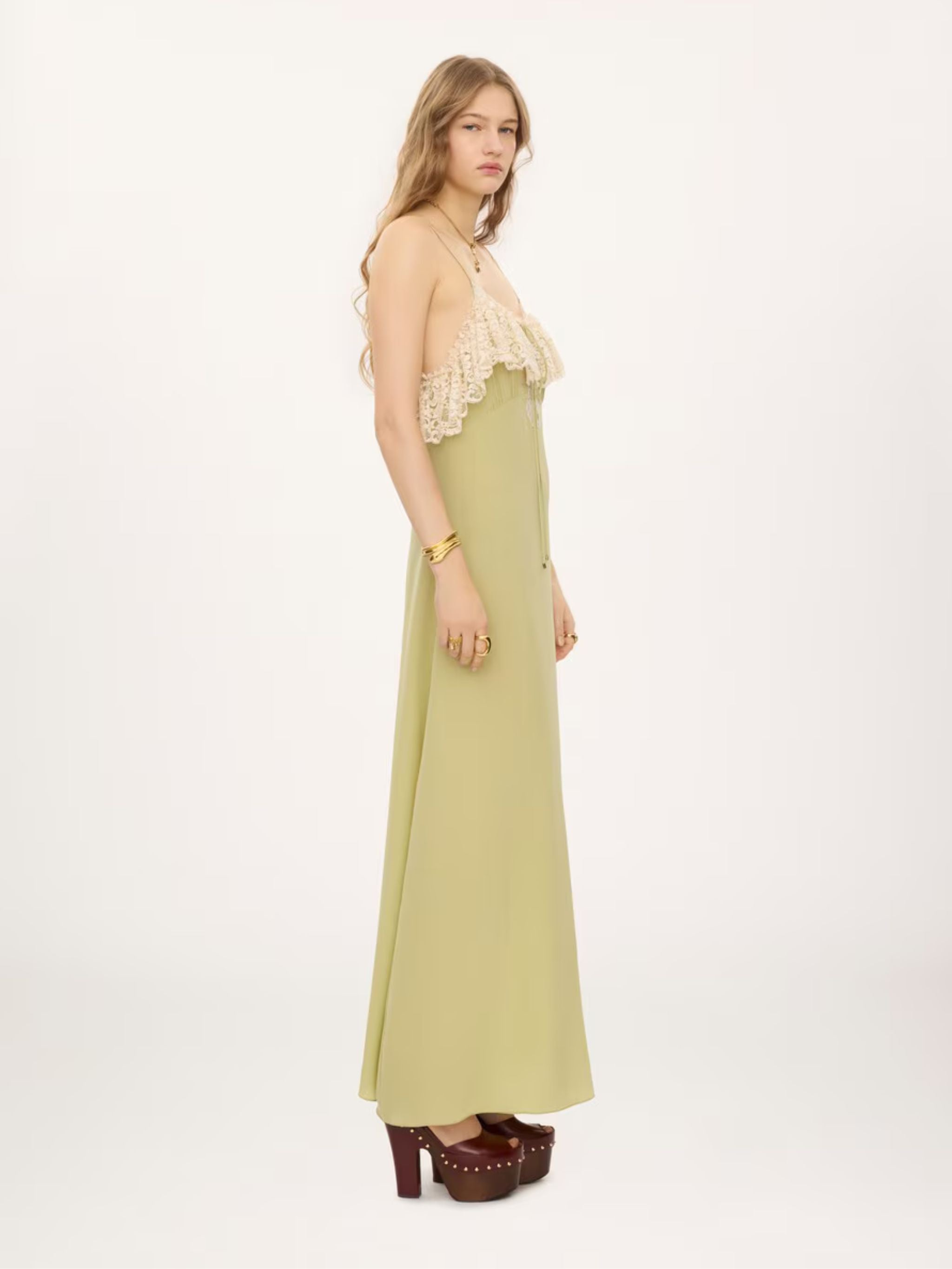 Thin-strap long dress in crêpe de chine & lace