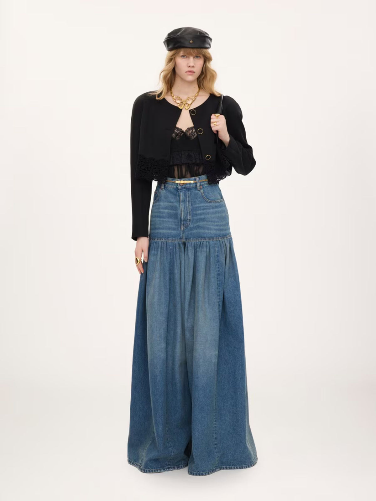 JEANS GAMBA LARGA PLISSE`