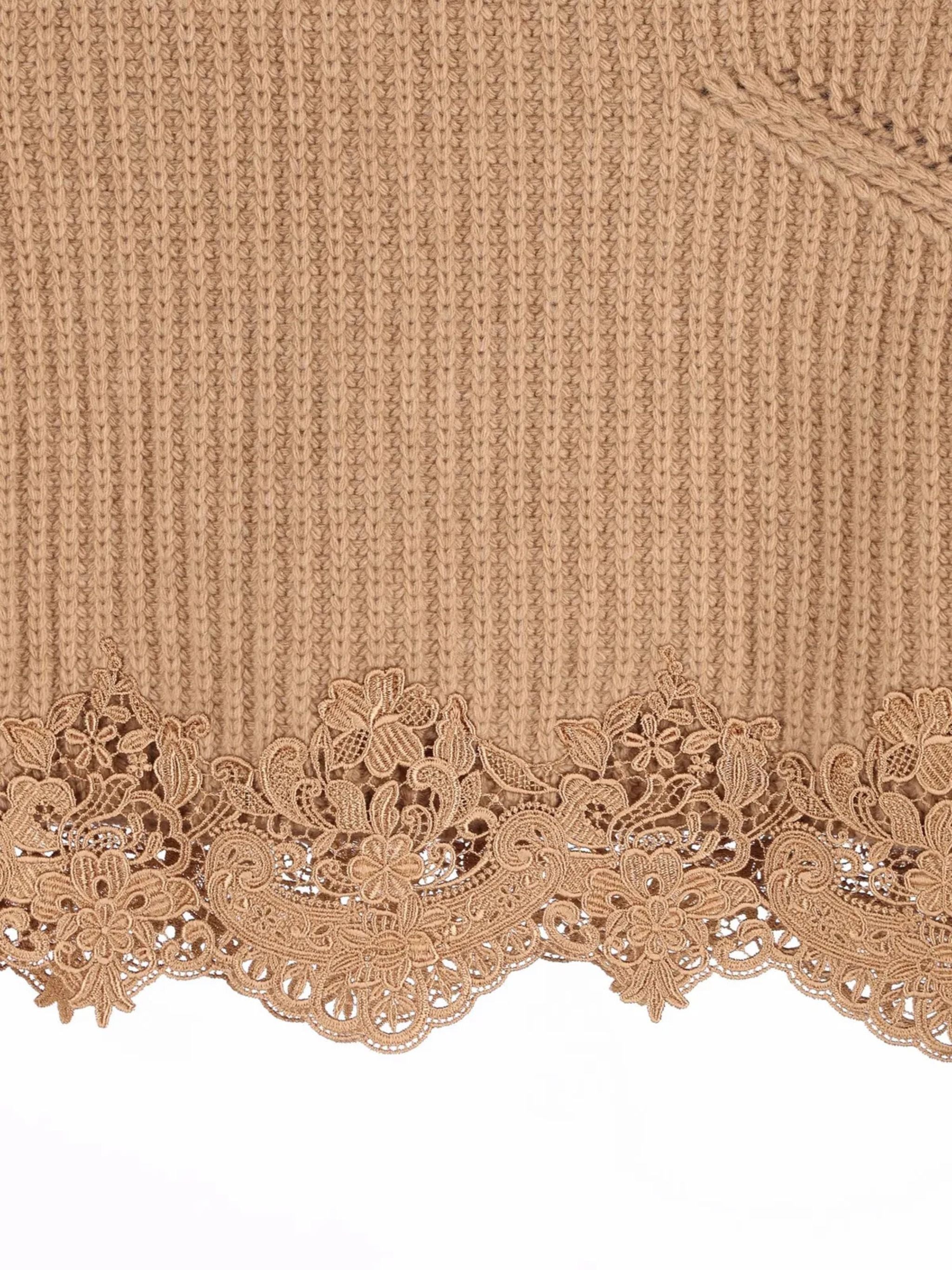 Cropped mock-neck wool and cashmere-blend knit pullover with lace