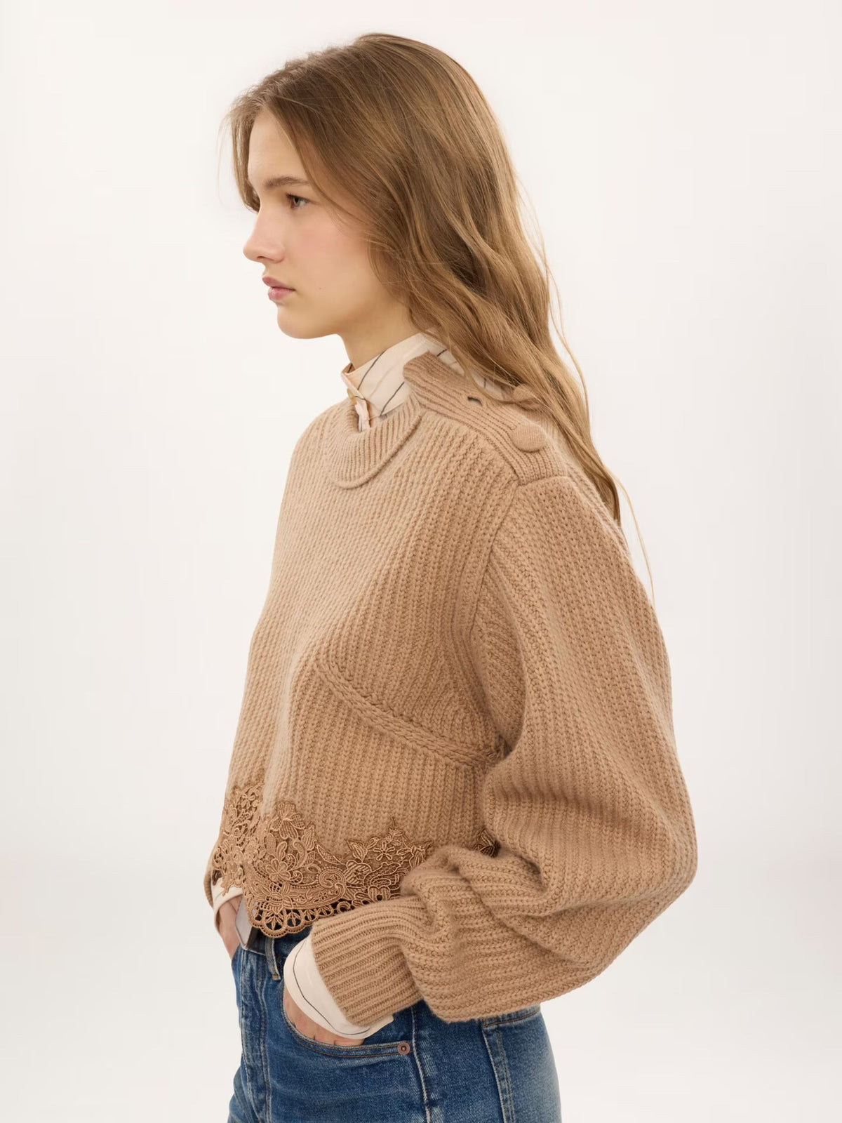 Cropped mock-neck wool and cashmere-blend knit pullover with lace
