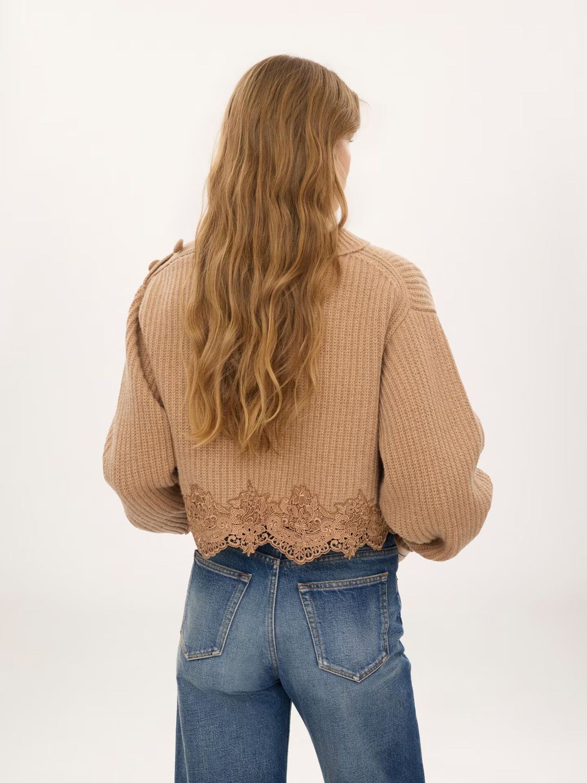 Cropped mock-neck wool and cashmere-blend knit pullover with lace