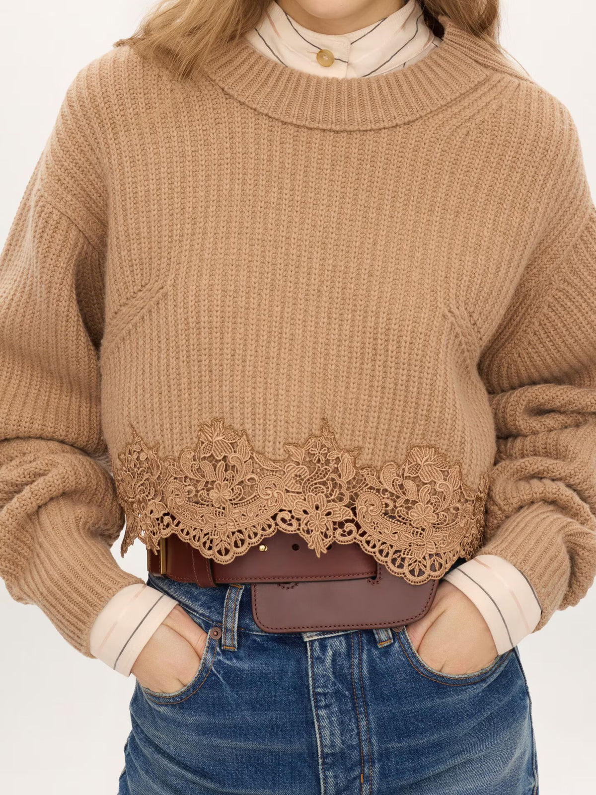 Cropped mock-neck wool and cashmere-blend knit pullover with lace