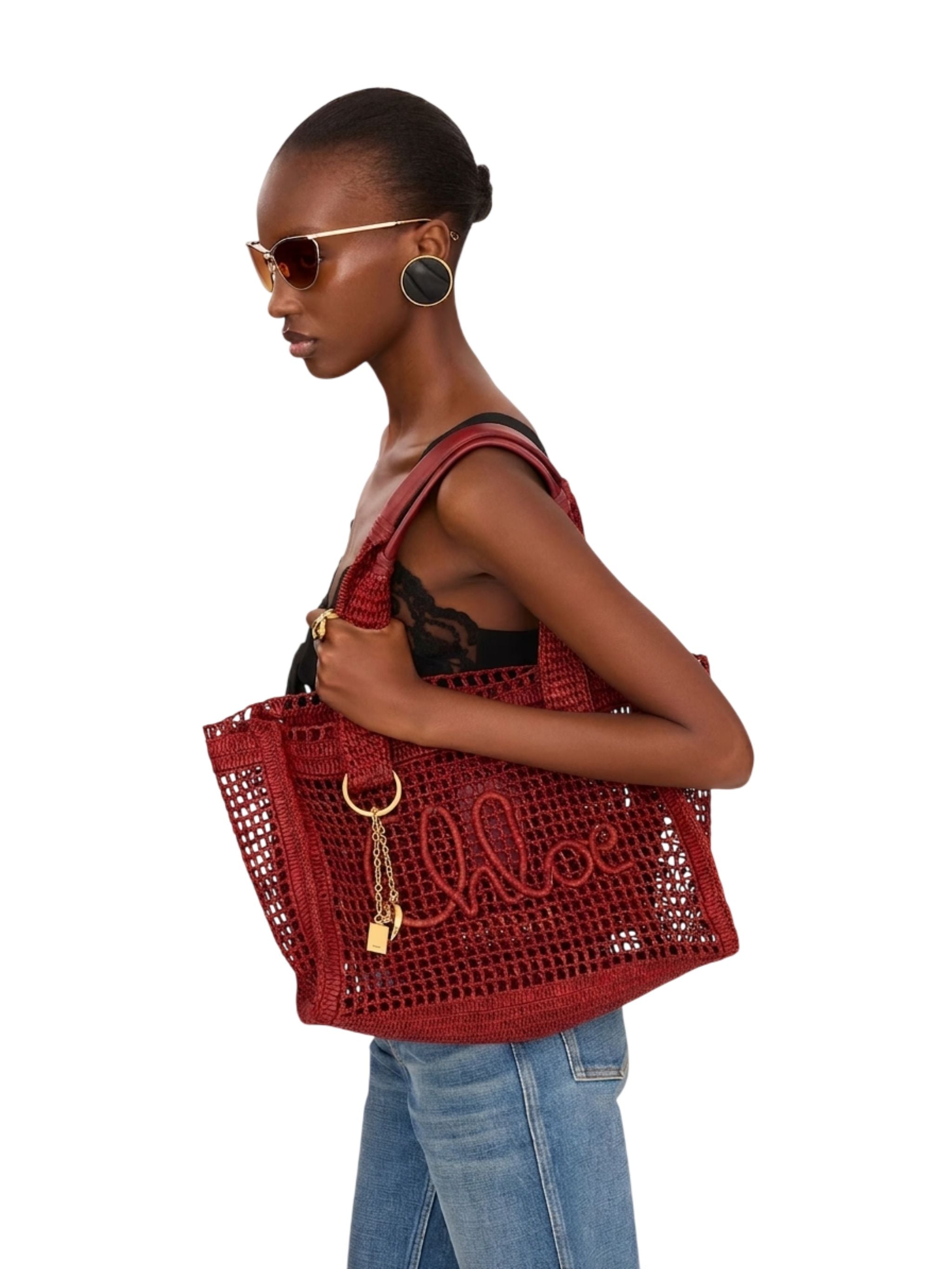 Tote bag East-West Summer Banana in rafia Ginger Red