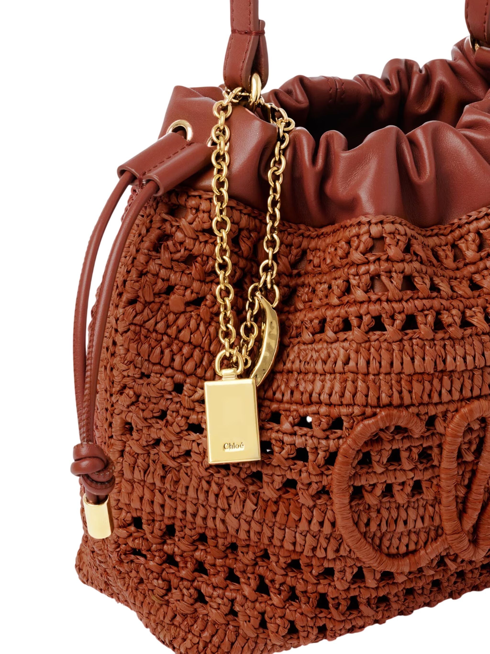 Borsa a tracolla Mini Summer Banana con coulisse in rafia Clay Brown