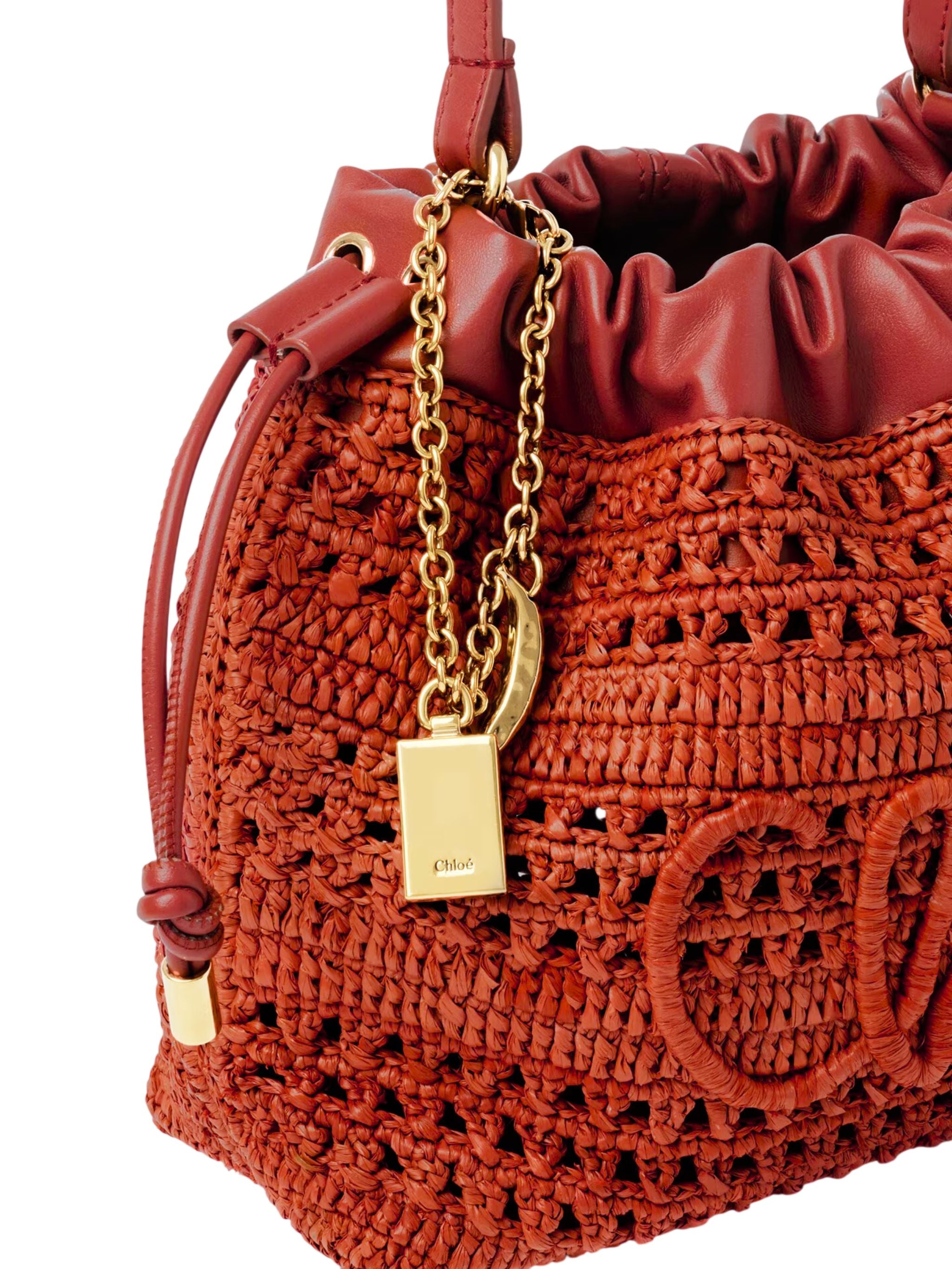 Borsa a tracolla Mini Summer Banana con coulisse in rafia Ginger Red