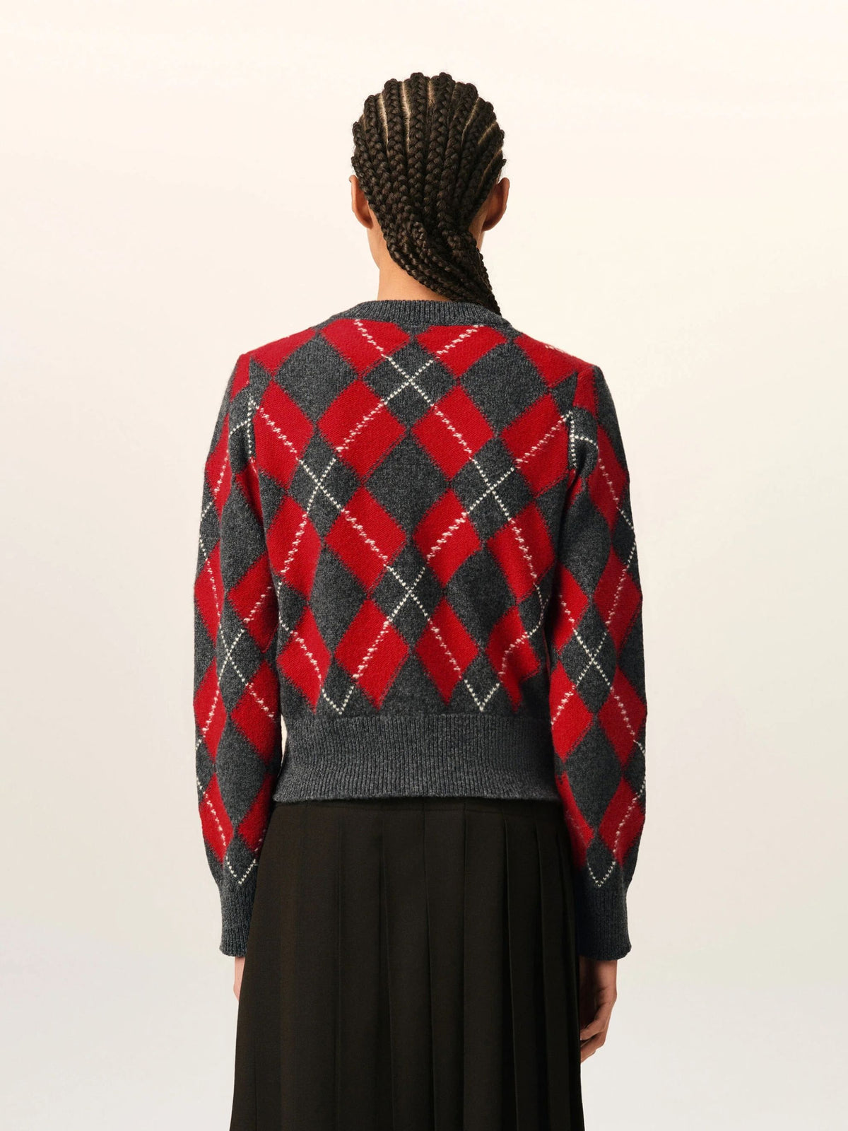 Grey wool cardigan with red argyle pattern