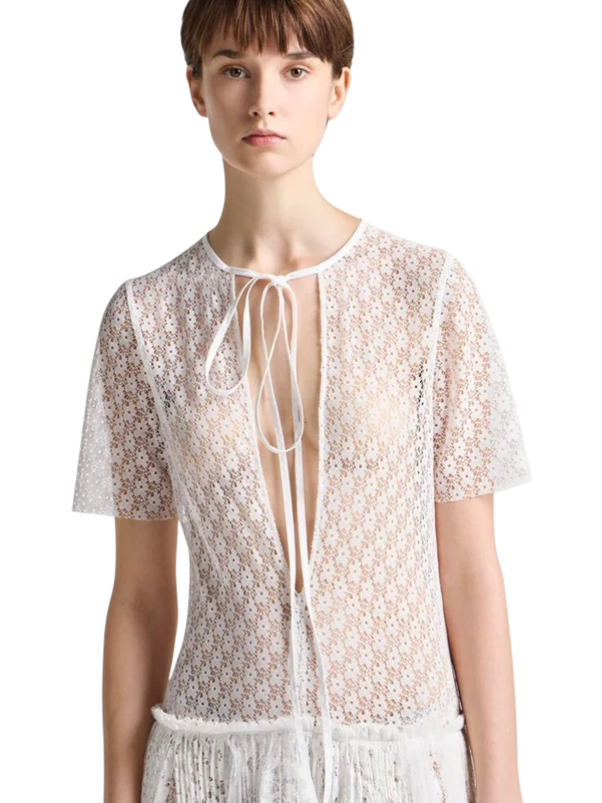 Abito lungo da donna in pizzo misto bianco