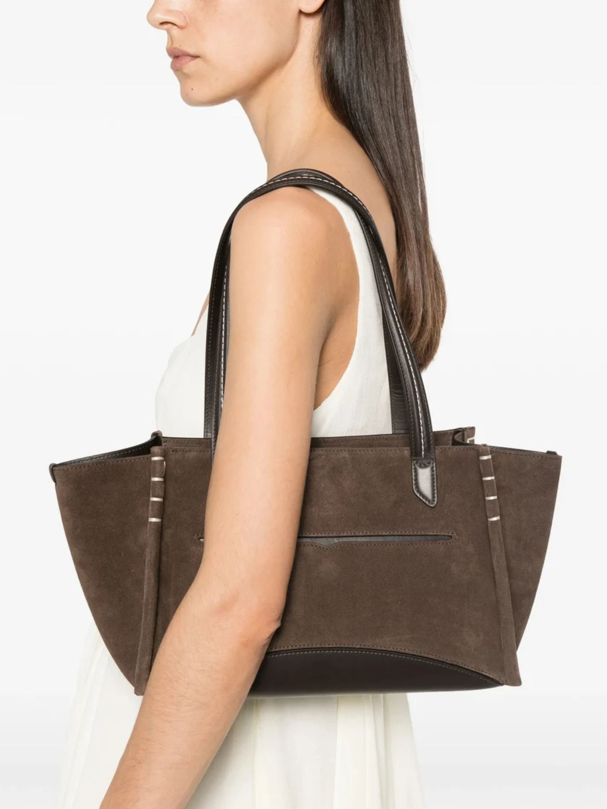 Elongated loafer cabas bag in brown suede