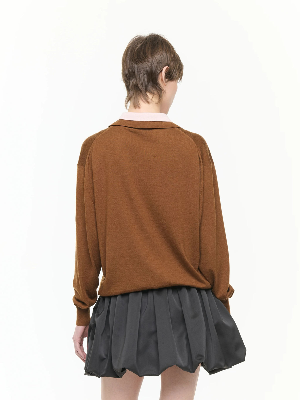 BROWN PINK DOUBLE COLLAR POLO SWEATER
