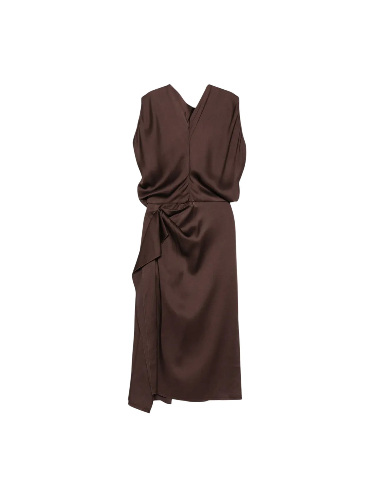 Abito Midi Elegante Lanvin Drappeggiato con Volant in Satin Marrone