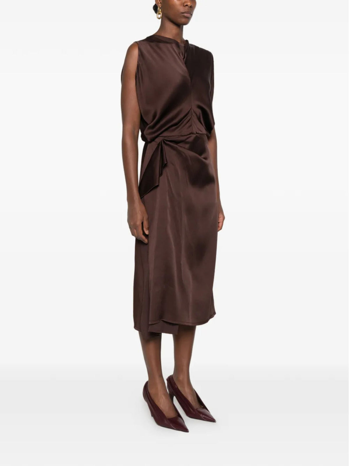 Abito Midi Elegante Lanvin Drappeggiato con Volant in Satin Marrone