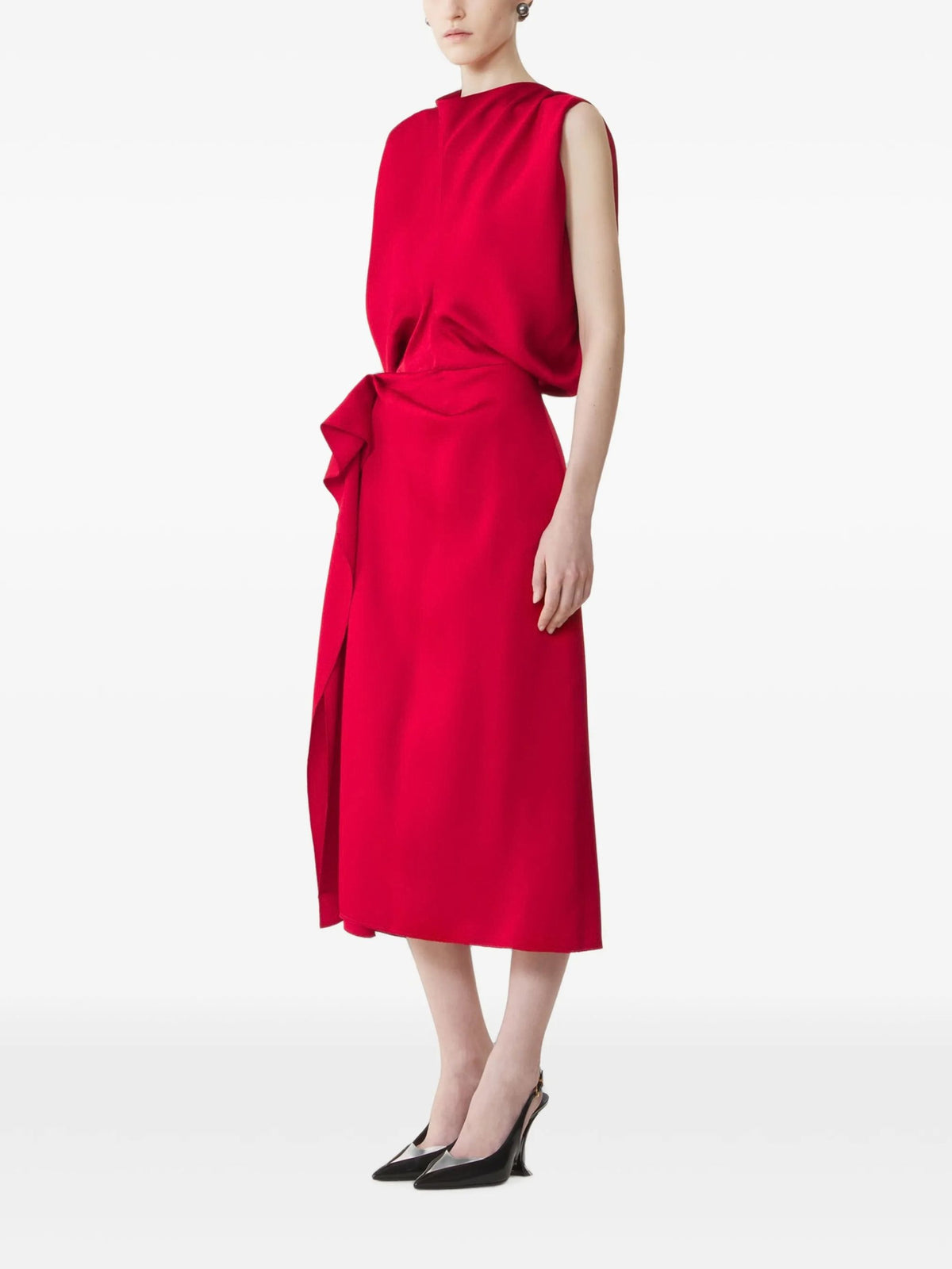 Abito Midi Elegante Lanvin Drappeggiato con Volant in Satin Rosso Rubino