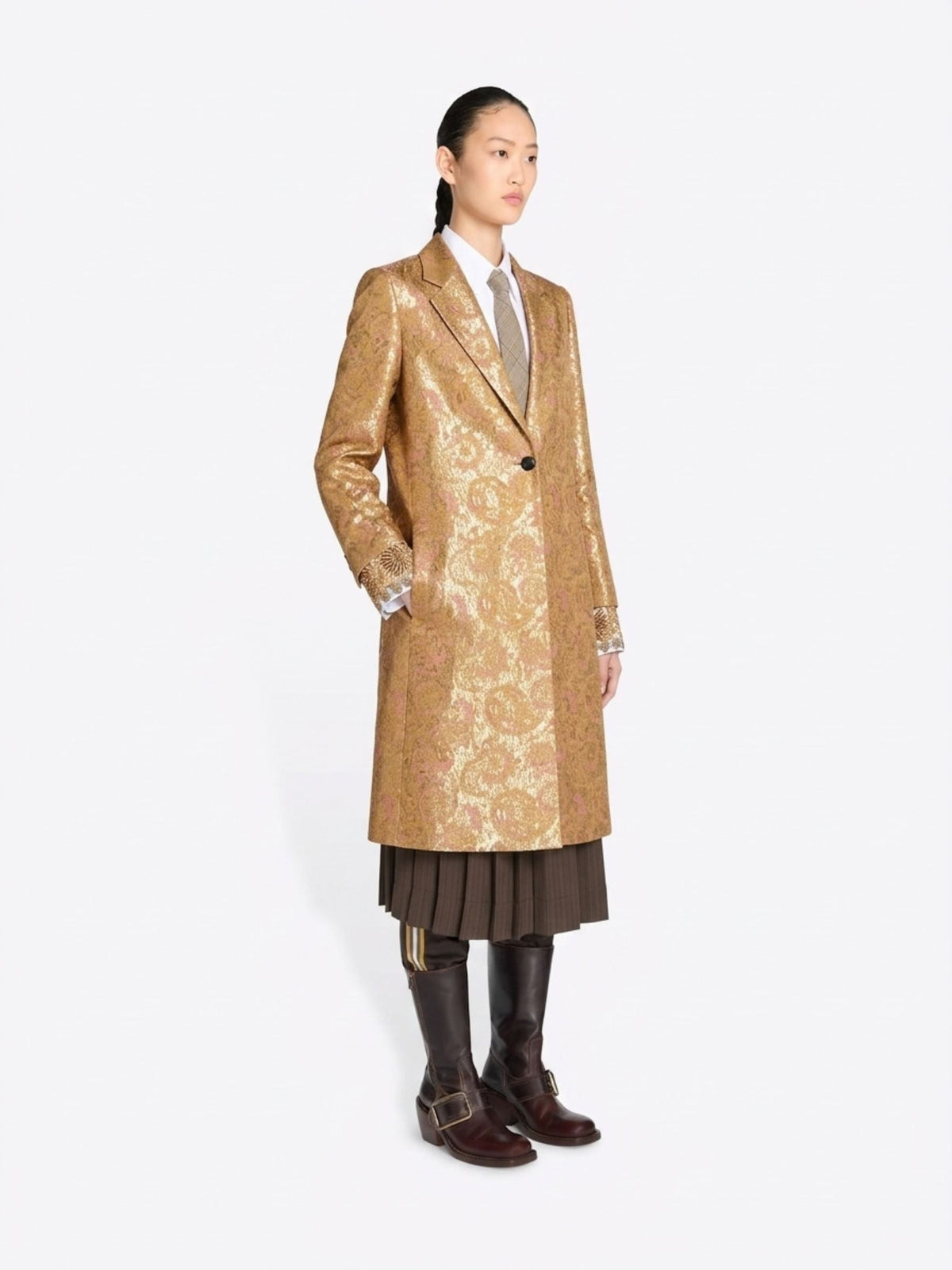 Cappotto lungo monopetto in jacquard lurex con revers a lancia