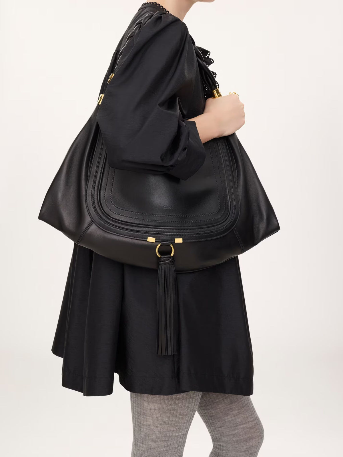 Chloé Marcie Foulard Large Hobo Shoulder Bag in Black Nappa