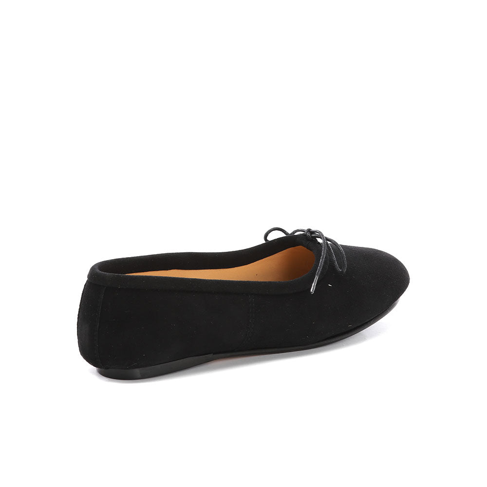 WOMEN`S HANDMADE ELEGANT BALLET FLATS SHOES IN BLACK SUEDE LEATHER WITH BOW ON TIP