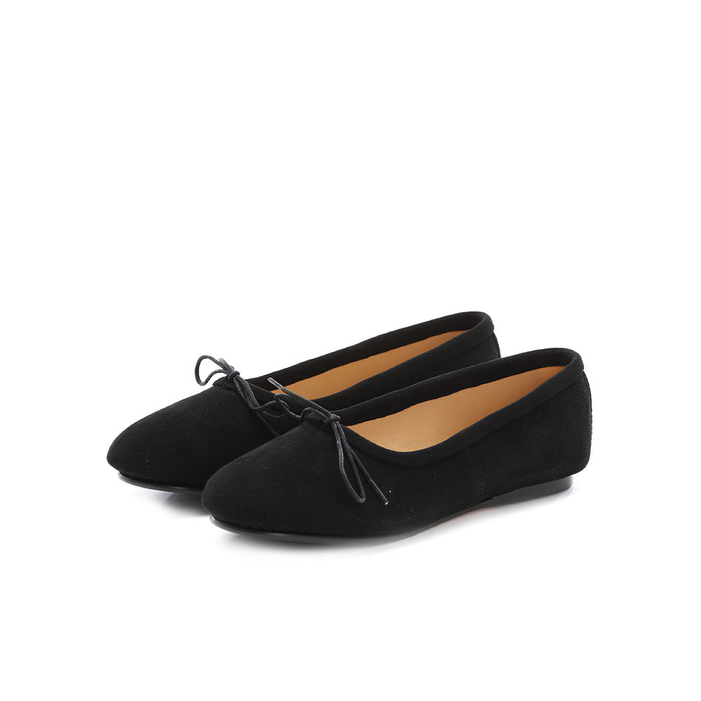 WOMEN`S HANDMADE ELEGANT BALLET FLATS SHOES IN BLACK SUEDE LEATHER WITH BOW ON TIP
