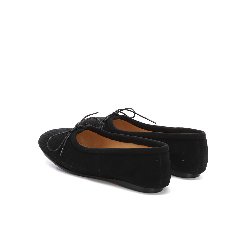WOMEN`S HANDMADE ELEGANT BALLET FLATS SHOES IN BLACK SUEDE LEATHER WITH BOW ON TIP