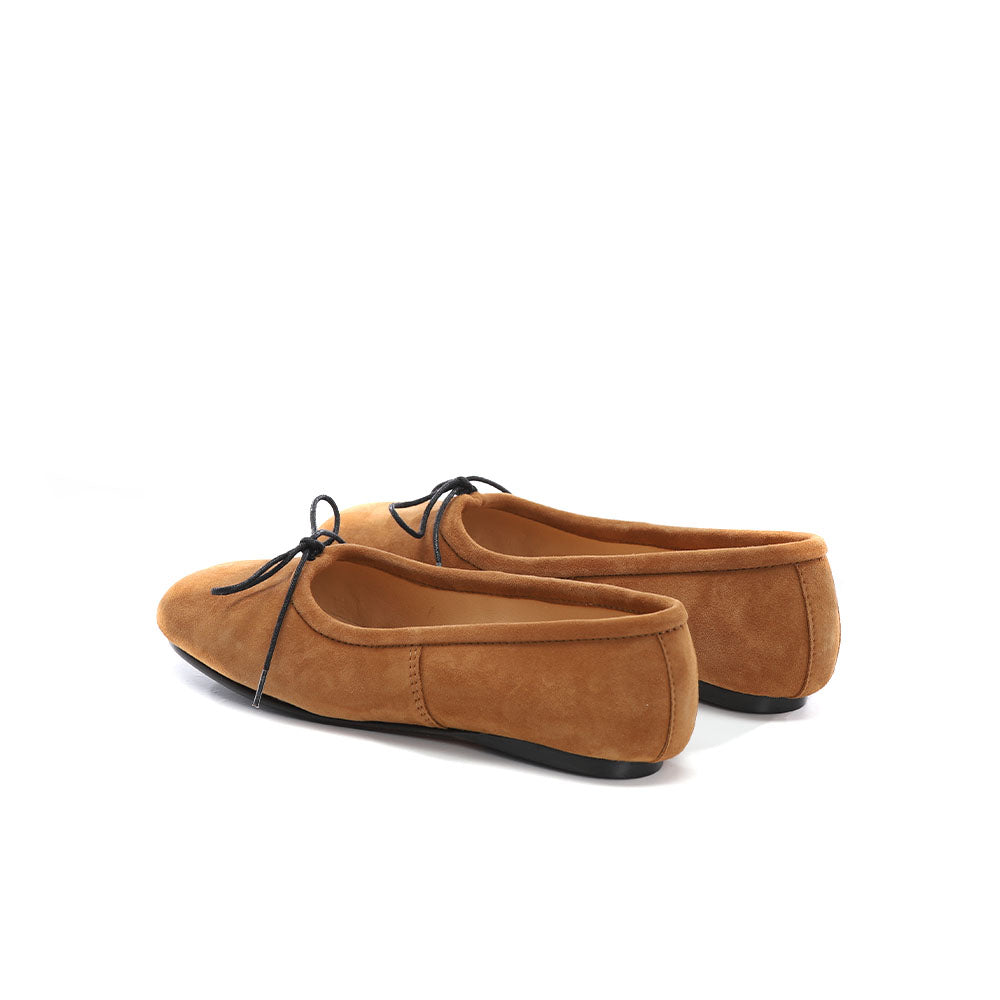 WOMEN`S HANDMADE ELEGANT BALLET FLATS SHOES IN BLACK SUEDE LEATHER WITH BOW ON TIP
