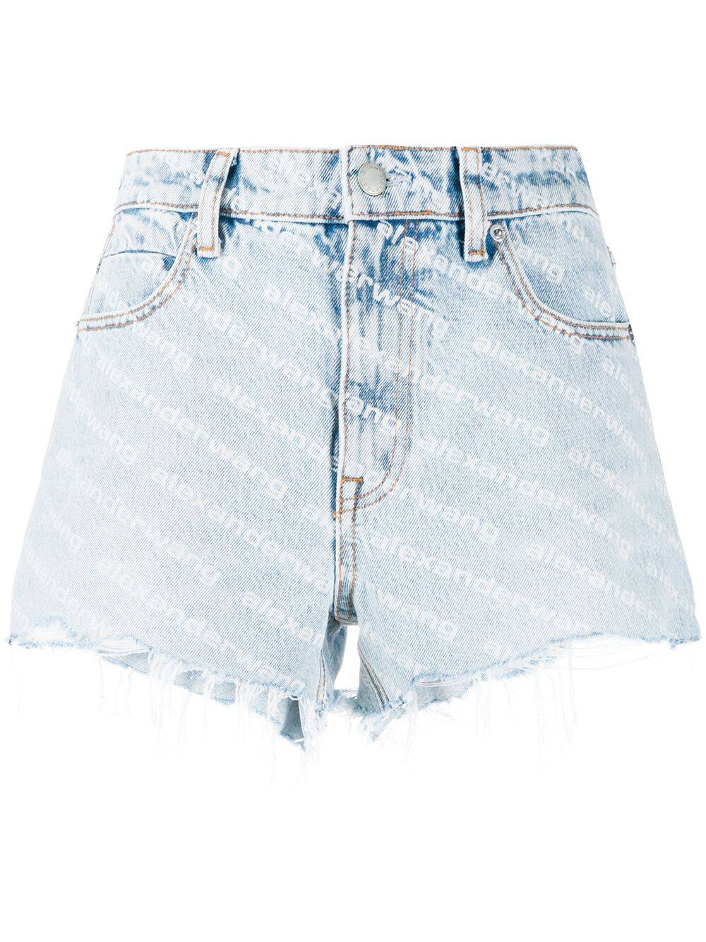 Shorts sfrangiati in denim scolorito con logo