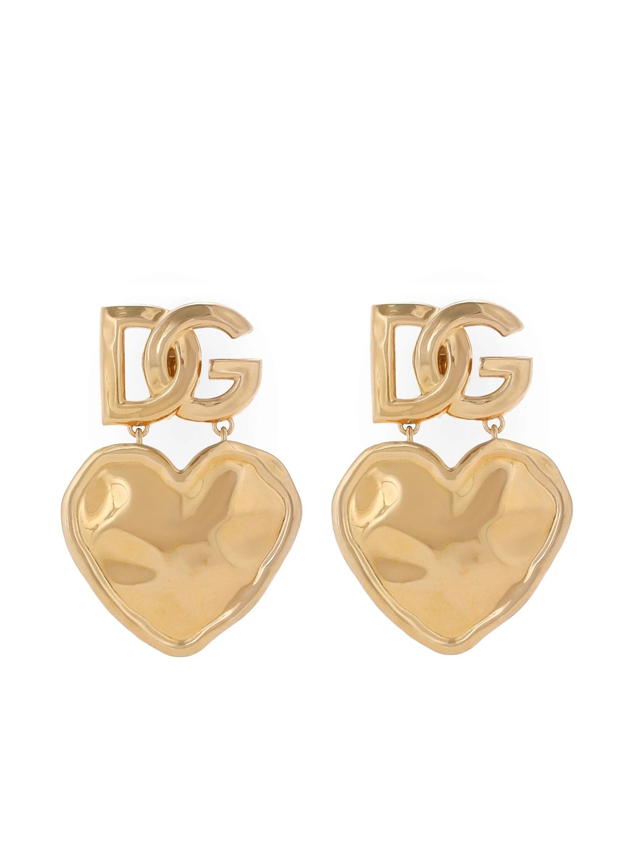Orecchini Pendenti con Cuore Martellato e Logo DG - Oro