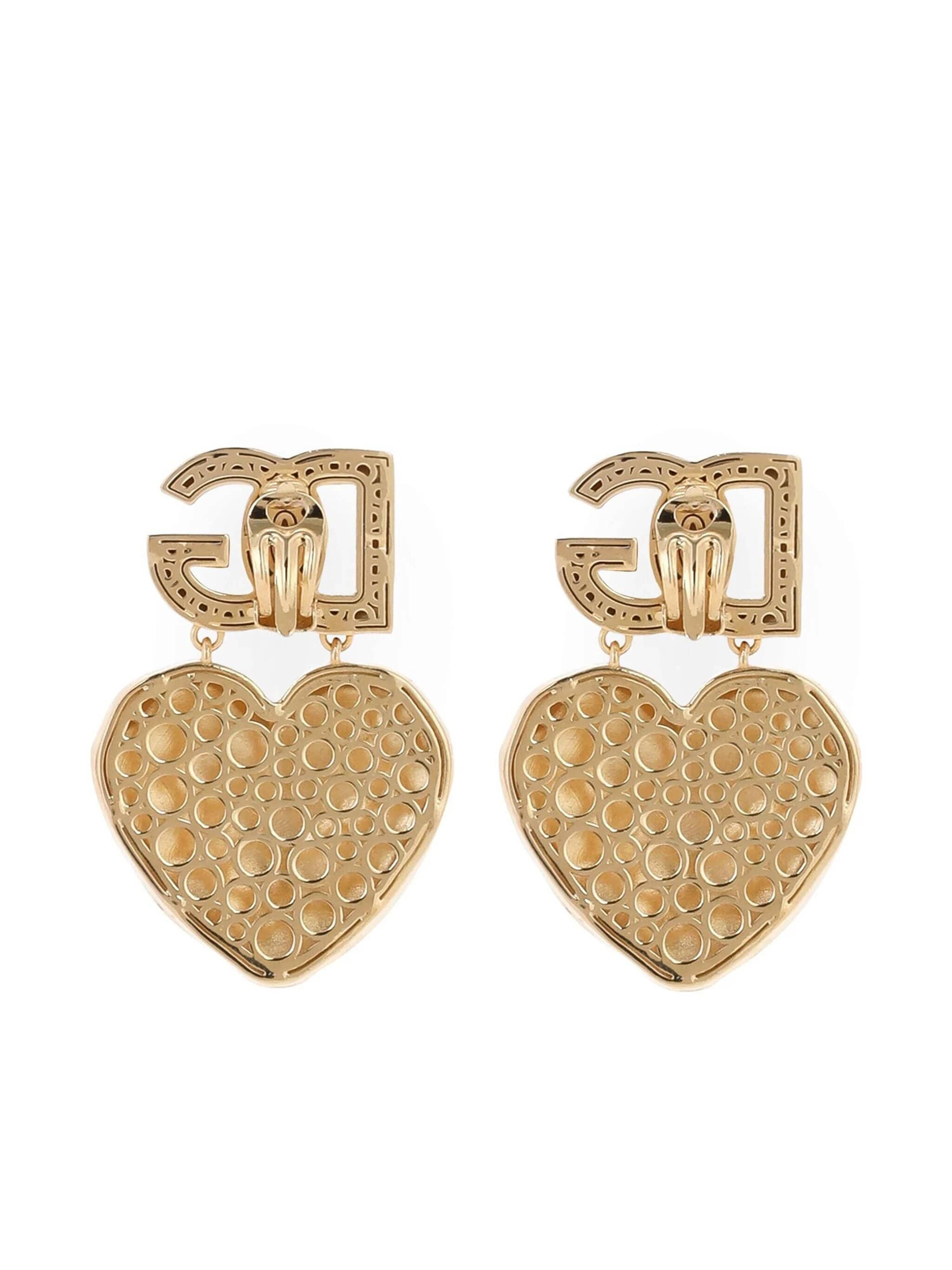 Orecchini Pendenti con Cuore Martellato e Logo DG - Oro