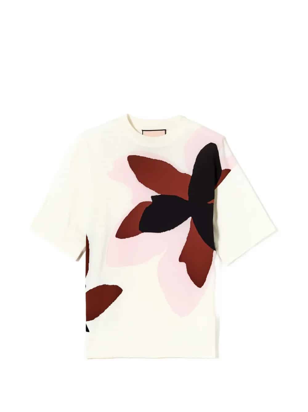 MAGLIA A MANICHE CORTE CON INTARSI FLOREALI BIANCHI