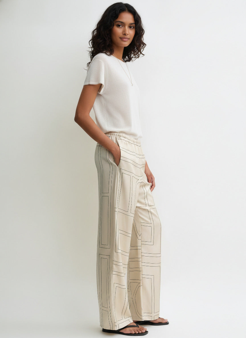 Pantaloni Pigiama in Twill di Seta con Monogramma - Avorio