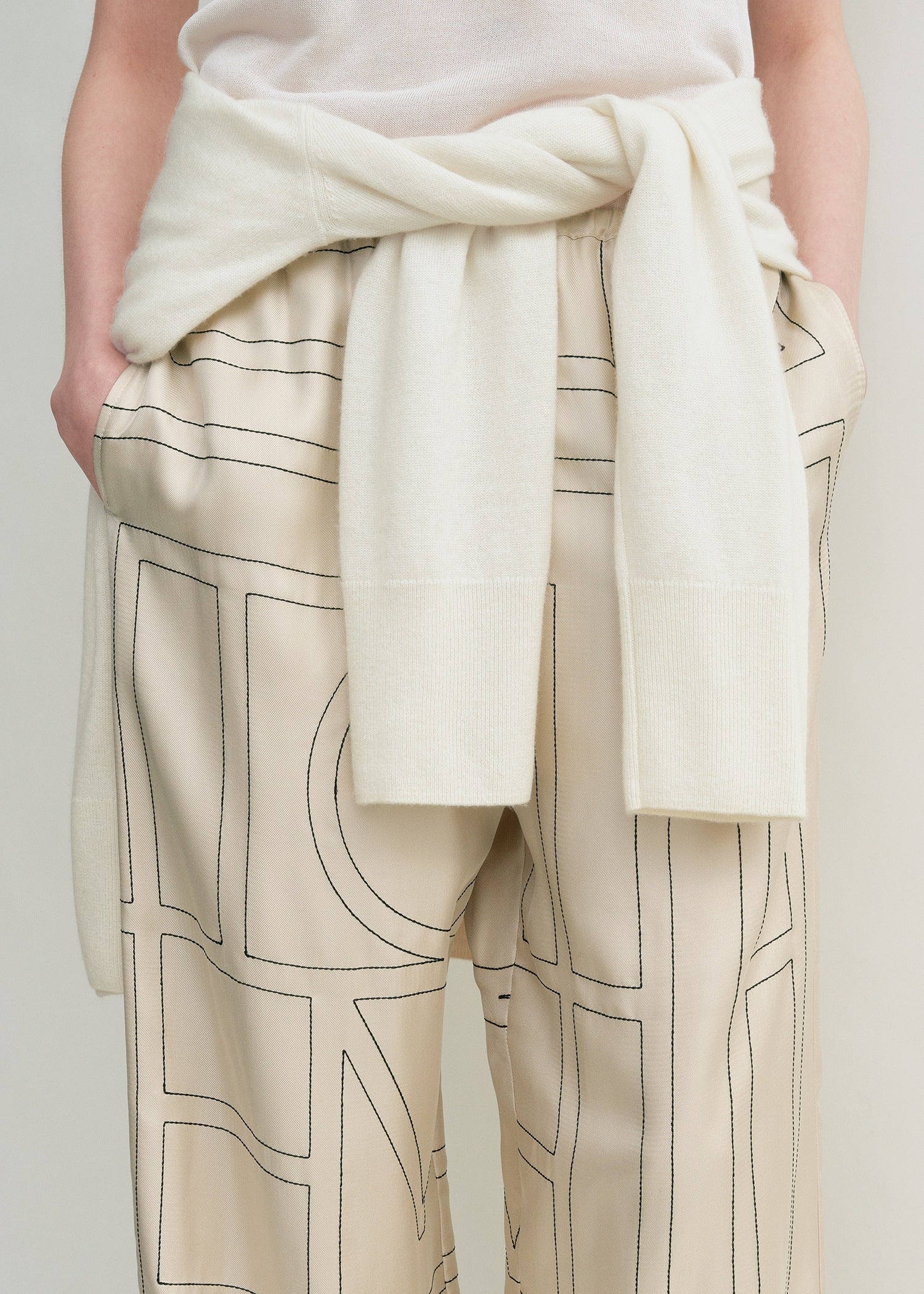 Pantaloni Pigiama in Twill di Seta con Monogramma - Avorio