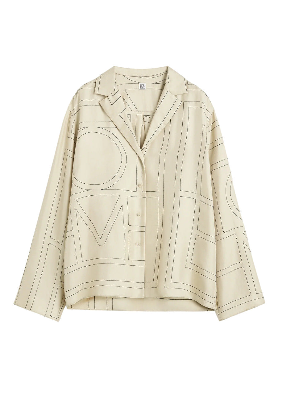 Camicia Pigiama in Twill di Seta con Monogramma - Avorio