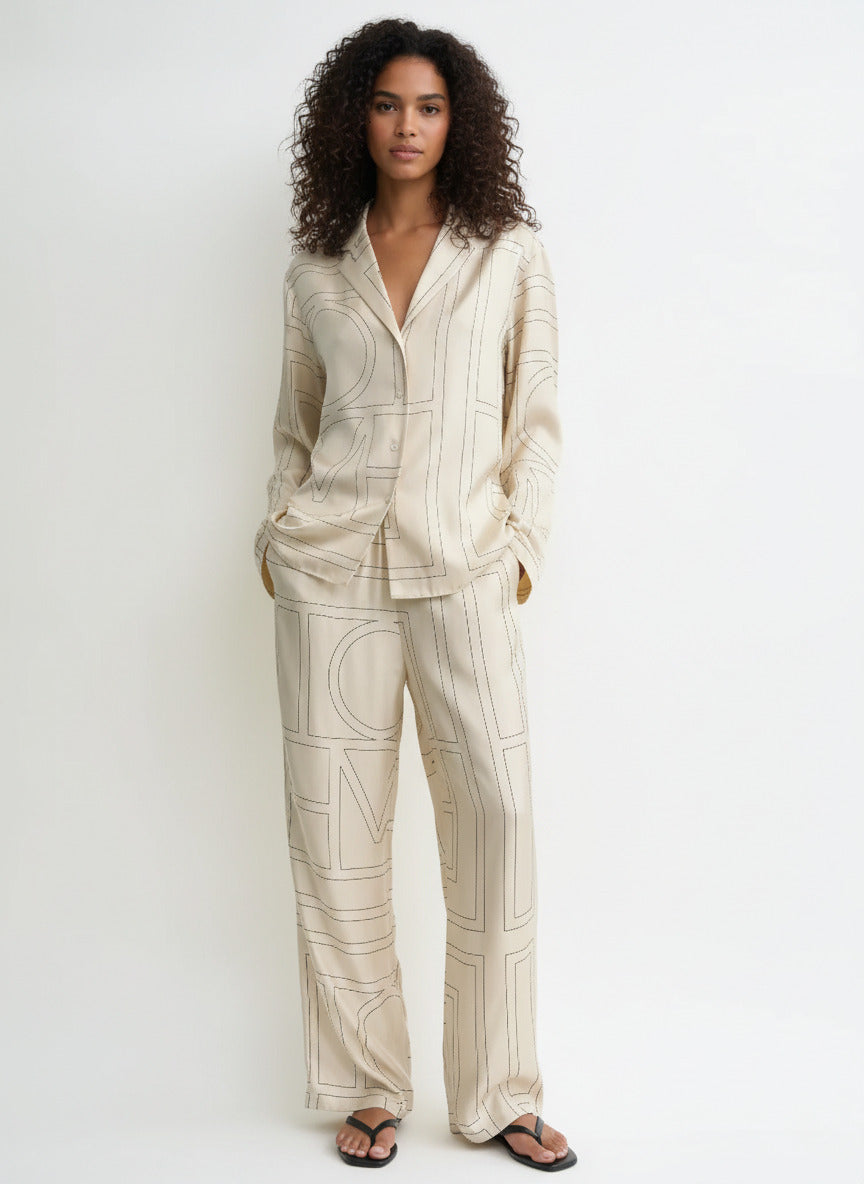 Camicia Pigiama in Twill di Seta con Monogramma - Avorio
