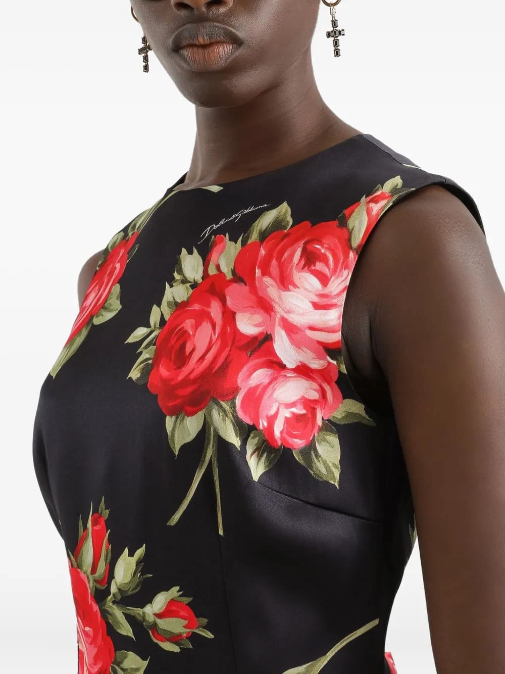Abito in raso stampa bouquet rose
