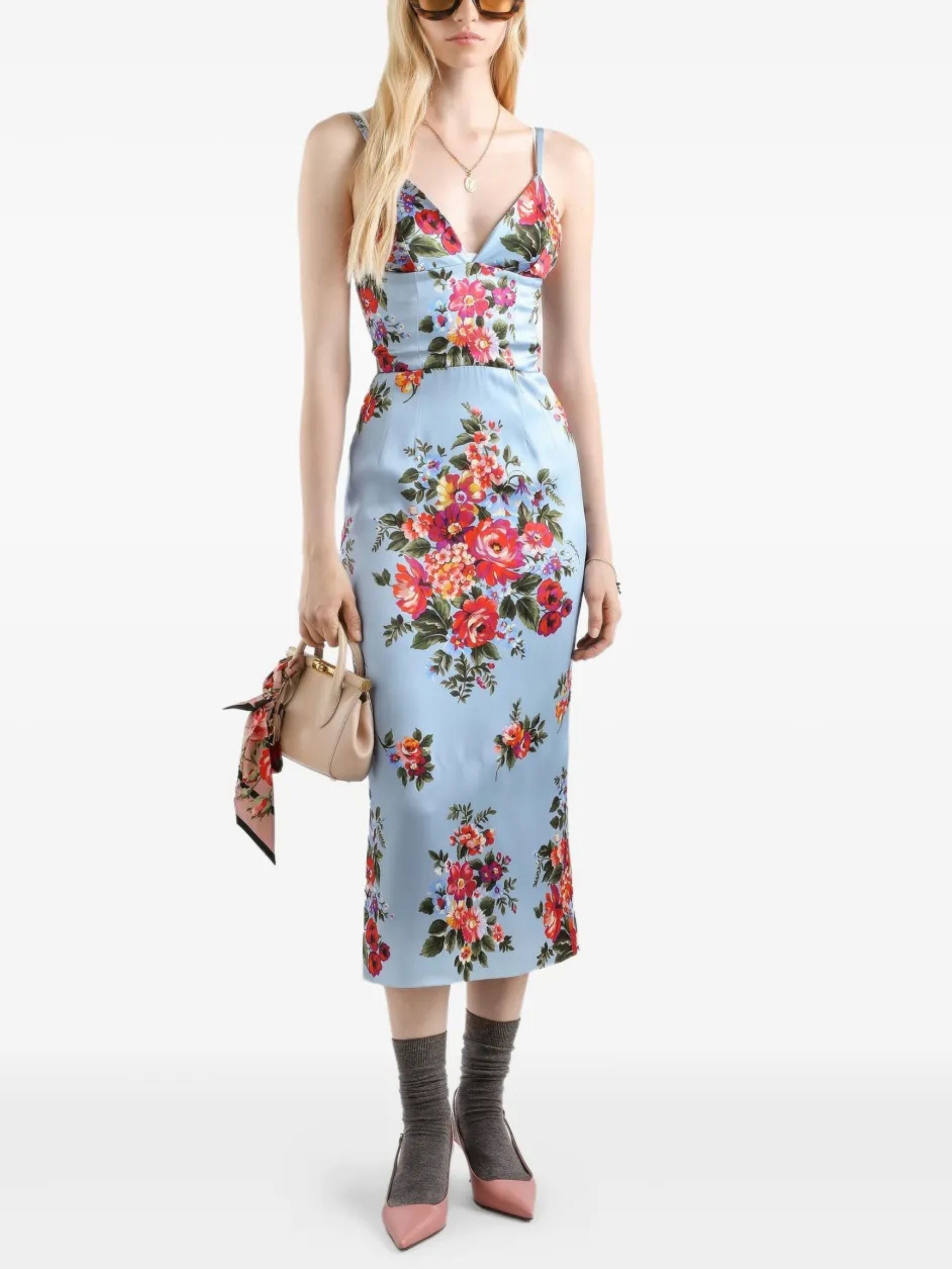 Abito midi a fiori con scollo a V