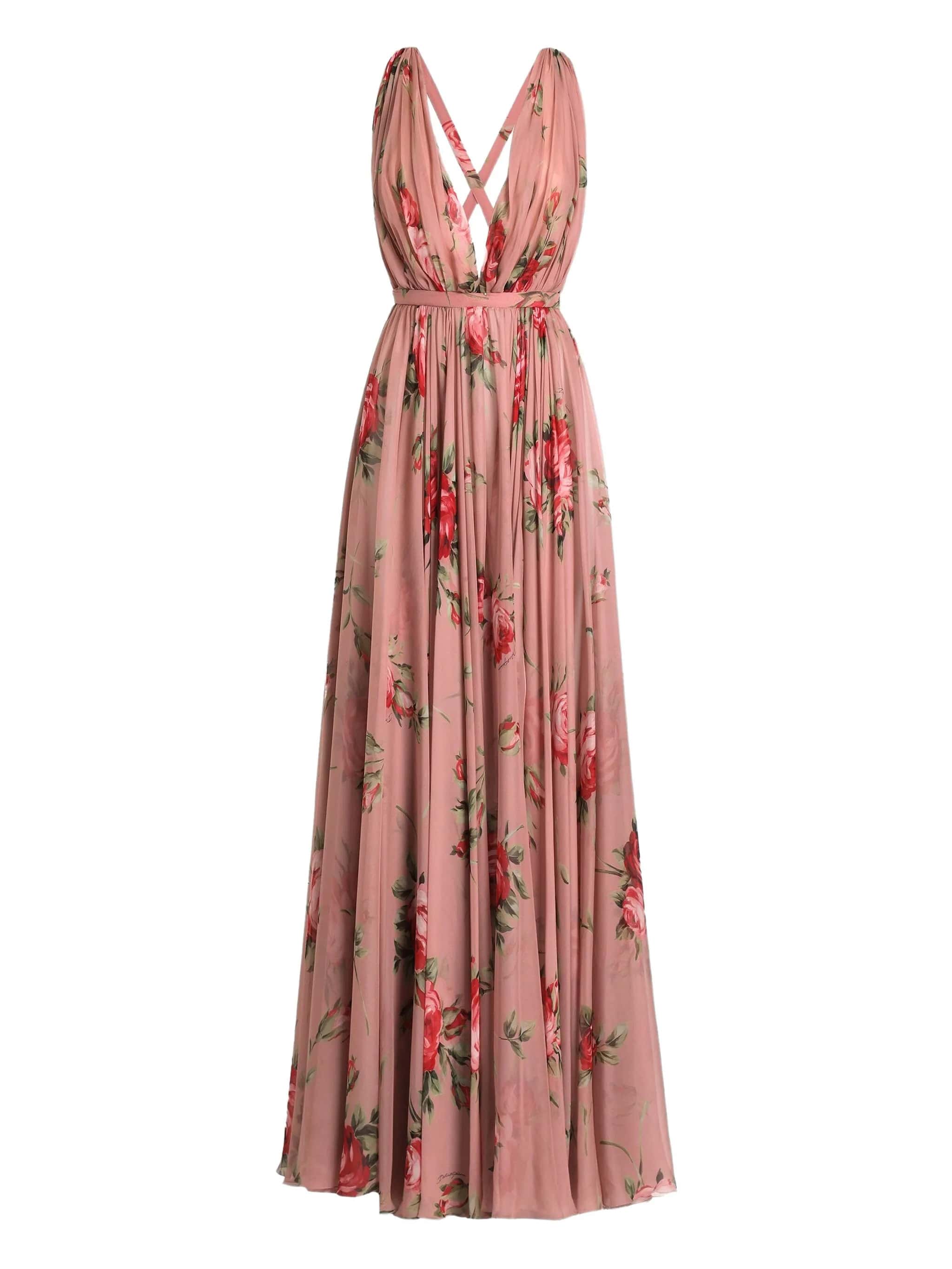 Abito in chiffon stampa bouquet rose