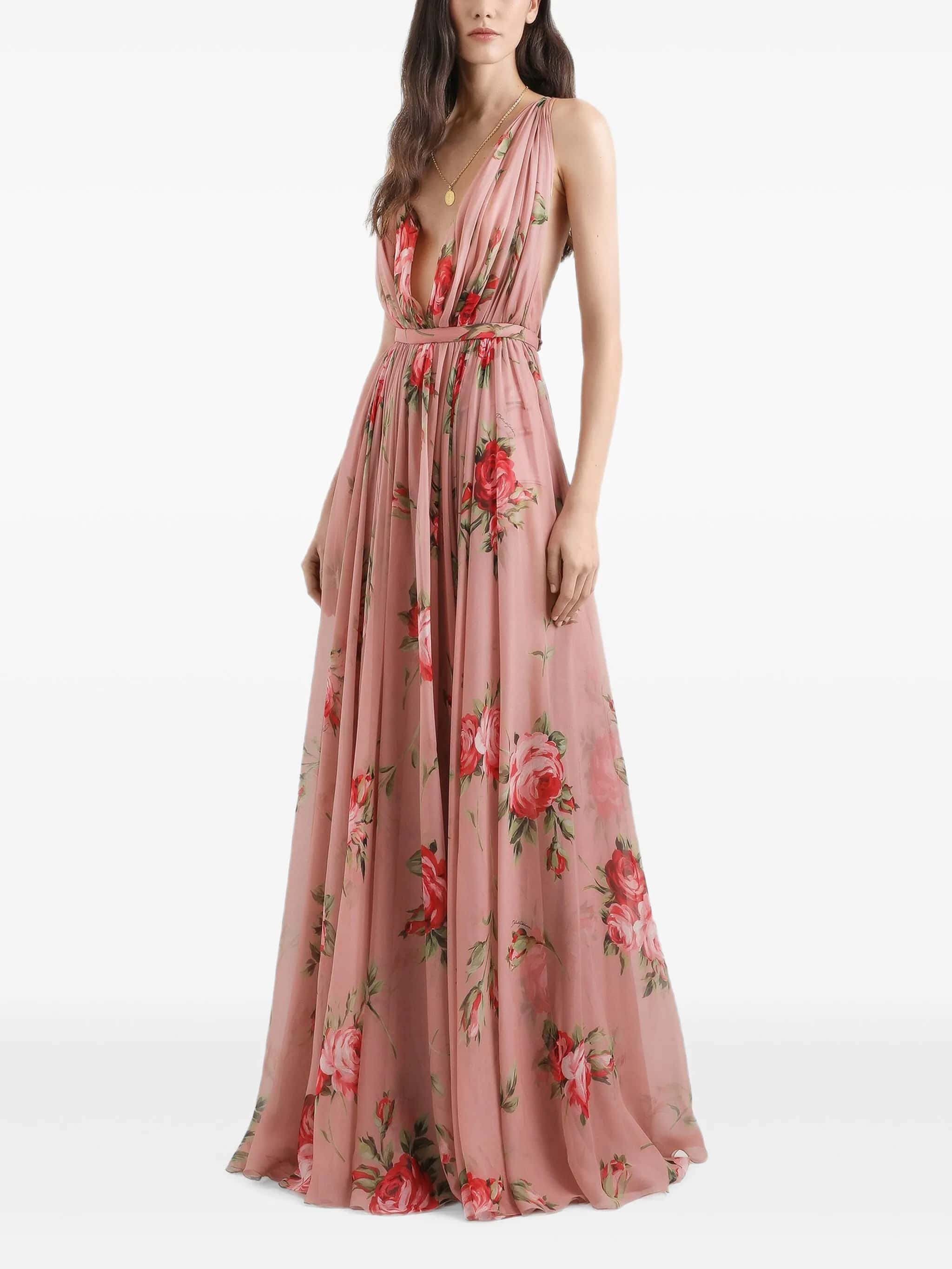 Abito in chiffon stampa bouquet rose