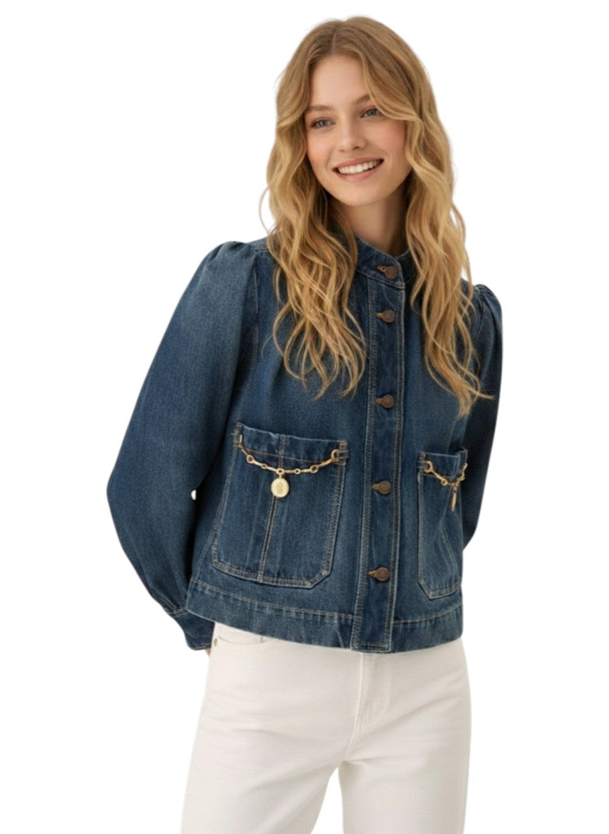 Giacca arricciata a collo alto in denim